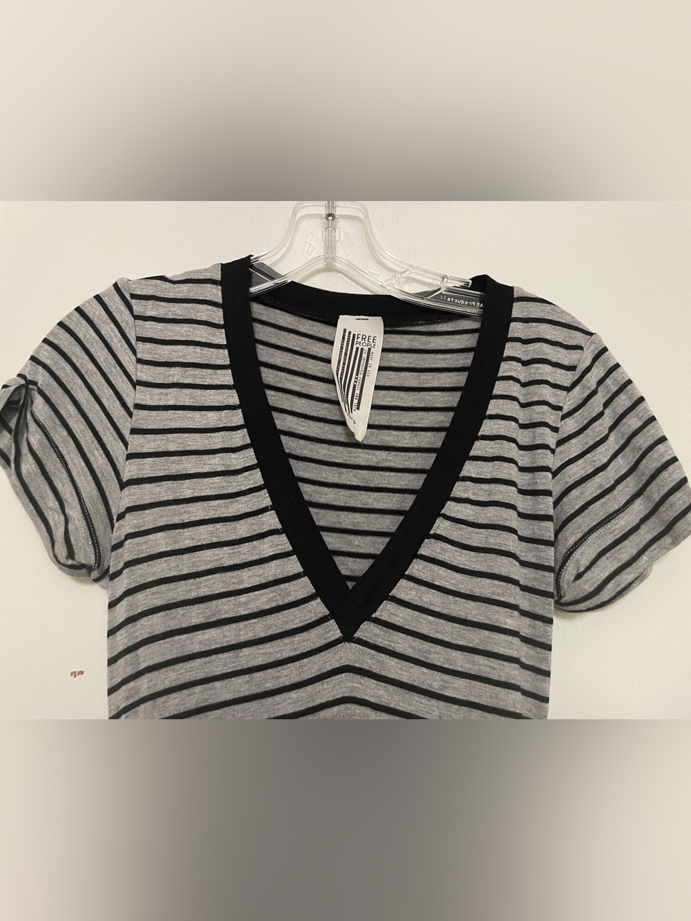 Free People Striped Deep V snap Bodysuit Size XS Heather grey and black stripe